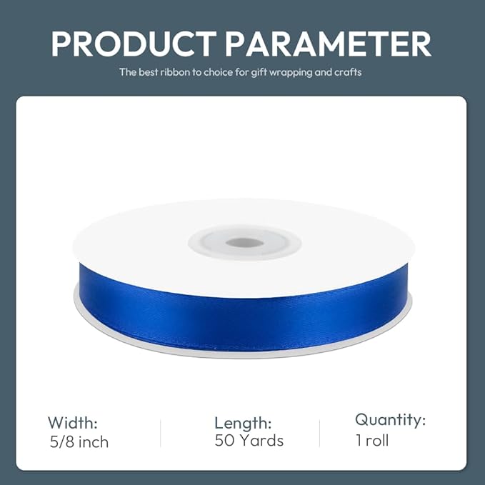 KMER LIFE 5/8" Wide x 50 Yards Royal Blue Satin Ribbon - Perfect for Wedding Decor, Wreaths, Crafts, Gift Wrapping & Other Projects