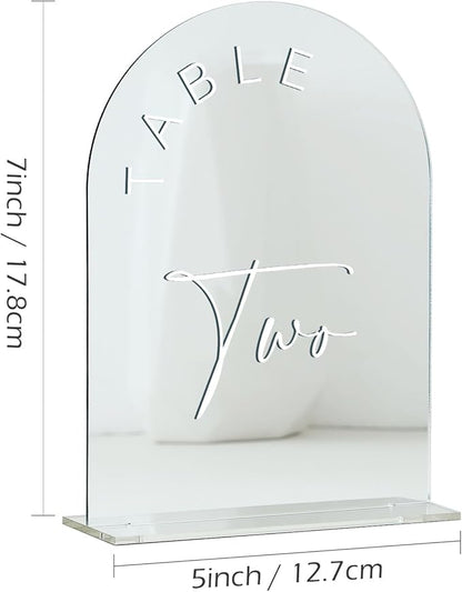 JINMURY Sliver Arch Wedding Table Numbers 1-15 with Stands, 5x7 Inch Acrylic Arch Sign with White Lettering, Sliver Mirror Acrylic Table Numbers for Wedding Reception