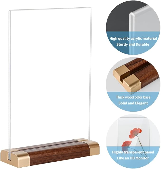 Acrylic Sign Holder 4"x 6" with Wood-Color Base, Mini Tabletop Double-Sided Display Sign Frame Vertical Clear for Store/Coffee Shop/Restaurant Menu Hotel/Office Display Holder, 3 Pack T Shape