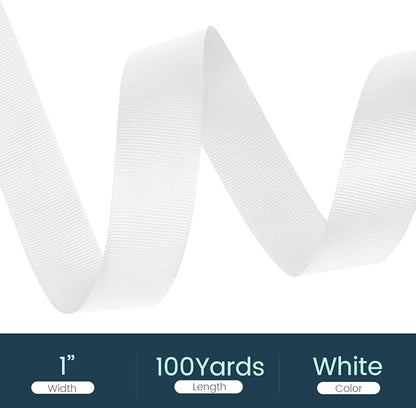 1" X 100 Yards White Grosgrain Ribbon, Premium Grosgrain Ribbon for Sewing, Gift Wrapping, Bow Making, Wedding Decor, Wrapping and More (White)