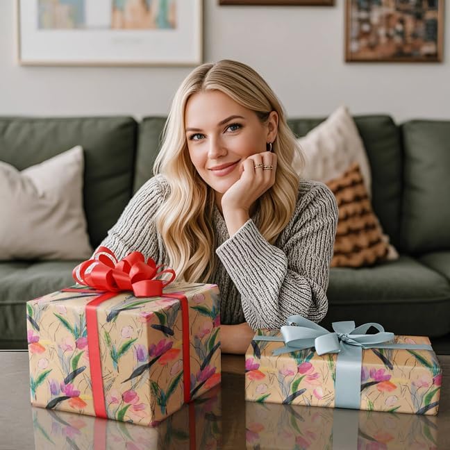 RUSPEPA Tulips Floral Wrapping Paper Roll, Watercolor Gift Wrap, Mini Roll Kraft Paper Roll for Girls, Spring, Summer, Wedding and Birthday 17 Inches x 32.8 Feet