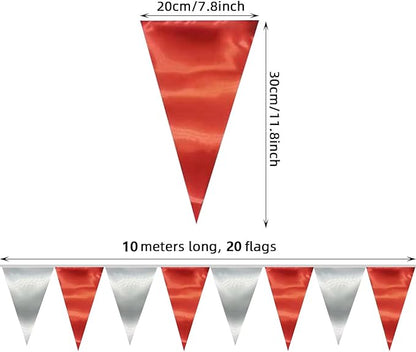 65FT Red Silver Triangle Pennant Banner Flag Metallic Fabric Bunting Garland for Christmas Graduation Wedding Engagement Anniversary Bachelorette Birthday Bridal Shower Valentines Hen Party Supplies