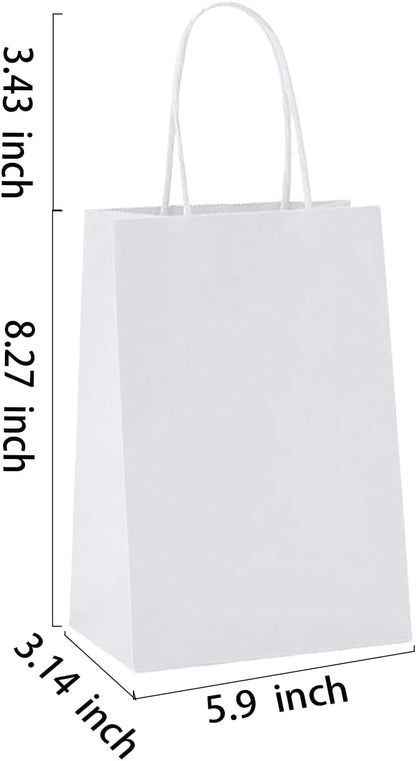BAG BOX 25 Pack 5.9x3.1x8.25 Inch White Gift Bags with Handles,Bulk Kraft Paper Bags for Shopping, Retail, Merchandise, Wedding, Party Favors, Paper Grocery Sacks