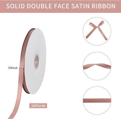 TONIFUL 3/8 in x 100yds Rose Gold Satin Ribbon Thin Solid Fabric Ribbons Roll for Gift Wrapping Invitation Floral Hair Balloons Craft Sewing Party Wedding Popsicles Decoration Valentine's Day Bouquet