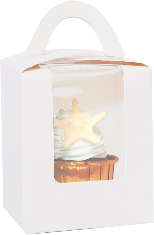 Bakepacker Auto-pop up Individual Cupcake Boxes with Window 25 Count White Single Cupcakes Box 3.6 x 3.6 x 4.3inch Cupcake Carrier