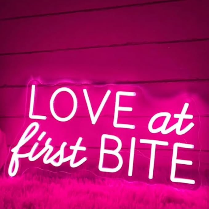 Love At First Bite Neon Sign, Custom Dessert Table LED Neon Light Minimalist Wedding Food Dessert Bar Sign Decor Donut Wall Decoration Size:20x 11inches