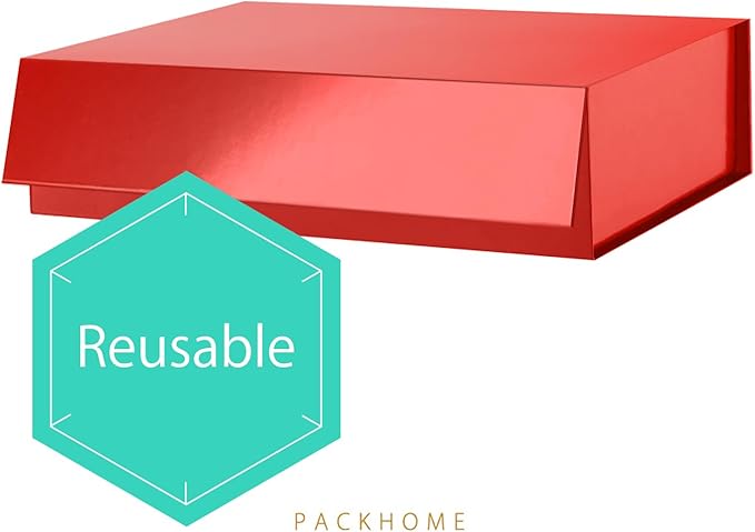 PACKHOME Large Gift Box 13.5x10x3.5 Inches, Sturdy Shirt Box with Magnetic Lid for Multiple Occasions (Glossy Red)