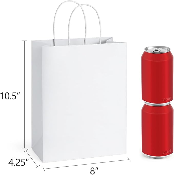 BagDream 50Pcs Gift Bags 8x4.25x10.5 Kraft Paper Gift Bags with Handles Bulk for Shopping, Wedding, Party Favor, Merchandise, Retail, White Paper Grocery Sacks