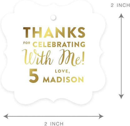Andaz Press Personalized Fancy Frame Square Birthday Gift Tags, Metallic Gold Ink, Thanks for Celebrating with Me with Age, 24-Pack, Custom Made Name Age, Gold Decorations