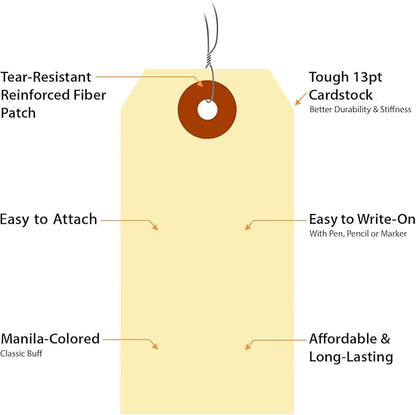 SmartSign Blank Manila Shipping Tags with Wire, Size-3, Pack of 1000, 13pt Thick Prewired Cardstock Tag, 3.75 x 1.875 inch Paper Hang Tags with Reinforced Fiber Patch