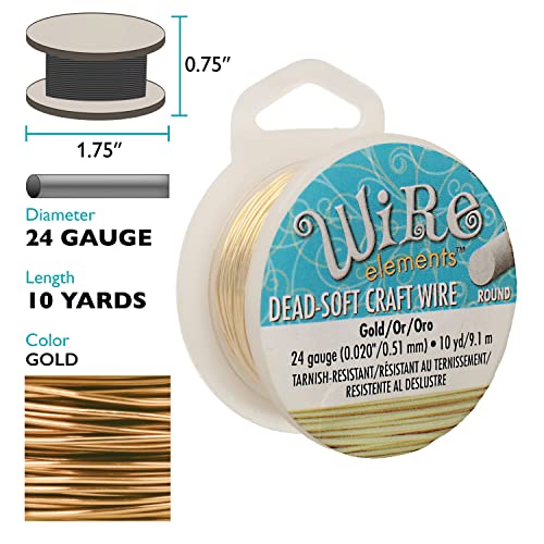 The Beadsmith Wire Elements Craft Wire – Tarnish Resistant, Soft Temper, Round, Gold Color – 0.51mm, 24 Gauge, 10 Yard Spool – Jewelry Making, Wire Wrapping, Floral, & Other DIY Crafts