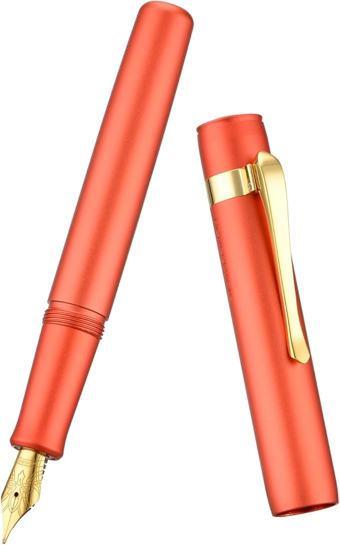 Hongdian M2 Mini Fountain Pen with Extra Fine Soft Golden Nib, Sleek Shape Aluminium Short Pocket Travel Pen (Orange Red)