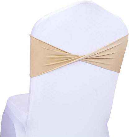 MDS Pack of 150 Spandex Chair Sashes Bows Elastic Stretch Dining Chair Bands Ties Without Slider Buckle Universal fits for Wedding Baby Shower Birthday Party Banquet Event Decoration - Champagne Gold