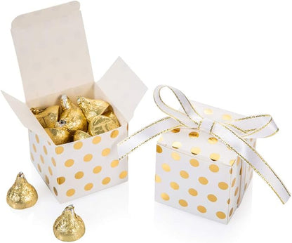 AWELL White Gift Candy Box Bulk with Gold Dots 2x2x2 inches with Ribbon Party Favor Box, Gold Dots, Pack of 50