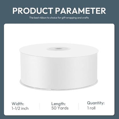 KMER LIFE 1-1/2" Wide x 50 Yards White Single Faced Polyester Satin Ribbon - Perfect for Wedding Decor, Wreaths, Crafts, Gift Wrapping & Other Projects