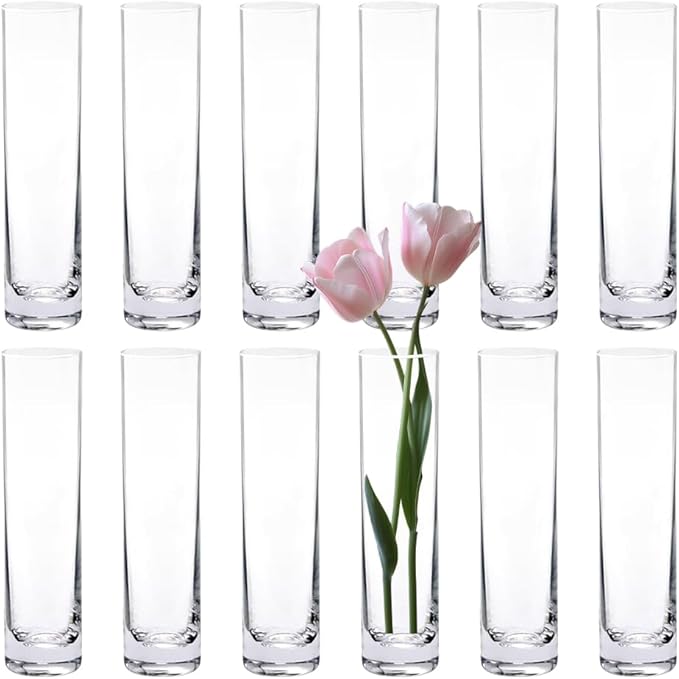 12 Pack 7.5 Inch Glass Cylinder Bud Vases for Centerpieces Clear Slim Flower Vases Tall Glass Cylinder Vase Small Vase for Single Rose Vases Bulk, Home Aesthetic Desk Decor