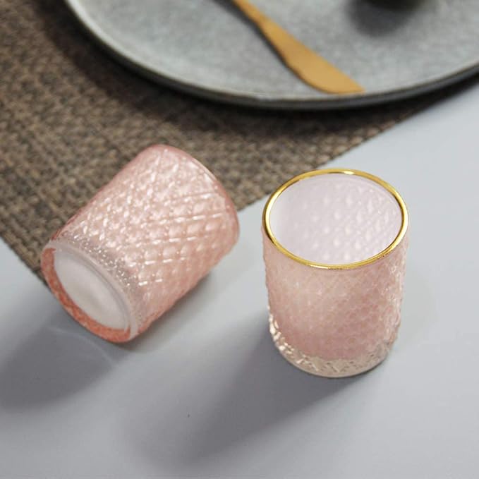SHMILMH Pink Votive Candle Holders Set of 24, Pink Christmas Table Centerpiece Glass Tealight Holders Bulk with Gold Rim, Tea Candle Holder for Birthday Wedding Decor