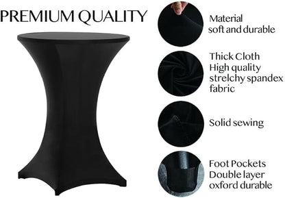 Tina's 10 Pack 30x42 Inch Highboy Spandex Cocktail Table Covers Black, Fitted Stretch Cocktail Tablecloth for Round Tables (10PC 30X42 Black)
