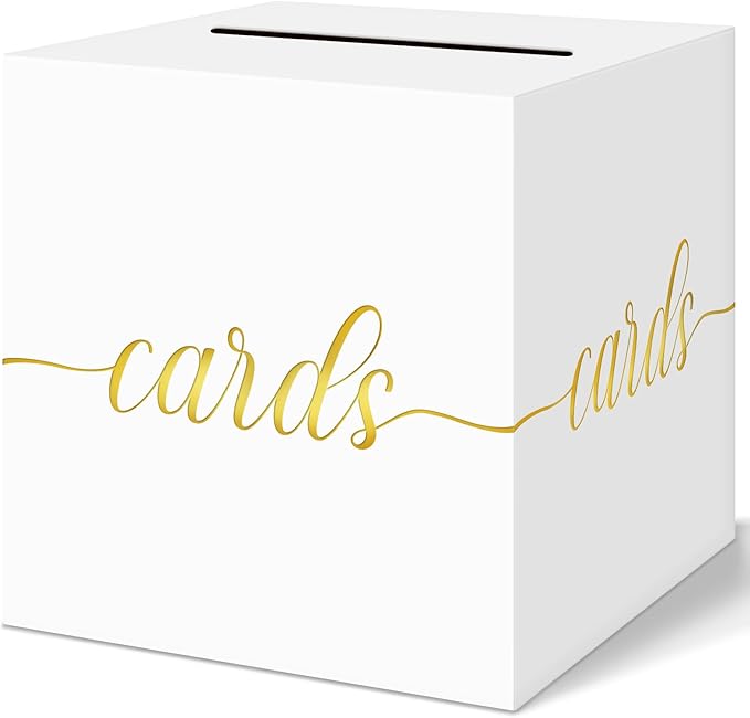 QIKSION White Wedding Card Box, Gold Foil Gift Card Box for Party, Wedding Reception, Birthday, Graduation, Baby Shower, Raffle