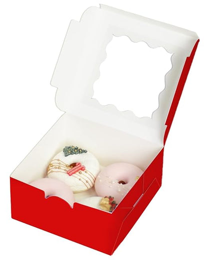 Bakepacker 100pcs Red Cookie Boxes 6x6x3 inches Easy Assemble Macaroon Pastry Boxes Bakery Boxes with Window for Bakery