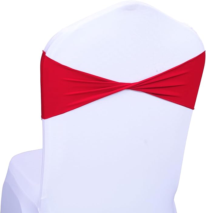 MDS Pack of 25 Spandex Chair Sashes Bows Elastic Stretch Dining Chair Bands Ties Without Slider Buckle Universal fits for Wedding Baby Shower Birthday Party Banquet Event Decoration - Red