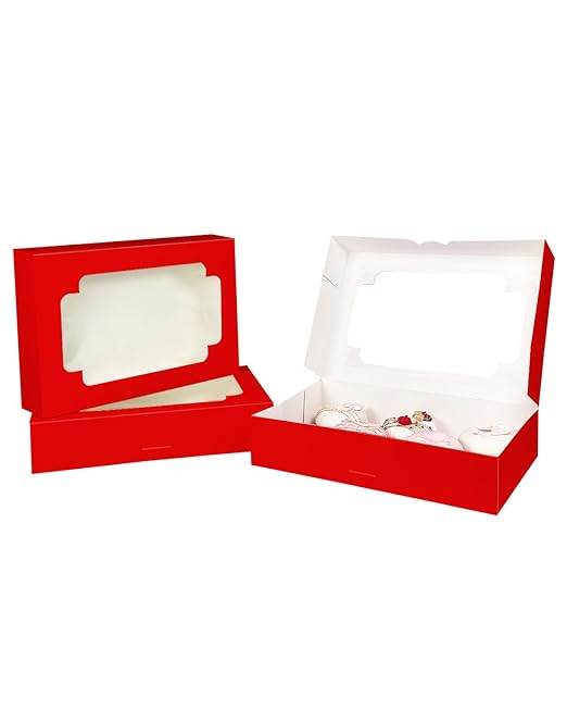 qiqee Auto-pop up Red Cookie Box with Window 12x8x2.5 inch 32 Packs Two Uses One Second Folding Pastry Biscuit Bakery Box for Packaging