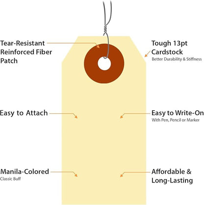 SmartSign Blank Manila Shipping Tags with Wire, Size-1, Pack of 1000, 13pt Thick Prewired Cardstock Tag, 2.75 x 1.375 inch Paper Hang Tags with Reinforced Fiber Patch
