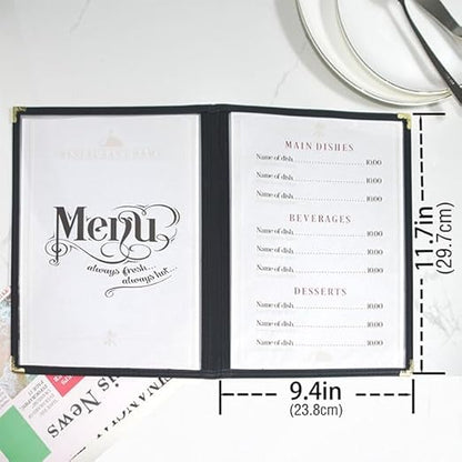Goodsmart Restaurant Menu Covers - 25 Pack Black 8.5" x 11", 2-Page/4-View, Side-Loading Vinyl Menu Holders, Clear Sleeves, Double-Stitched Edge, Leather-Style Café Covers with Gold Corners