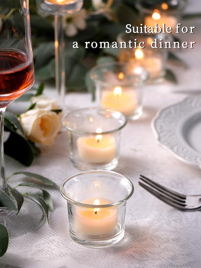 LETINE 24pcs Clear Tealight Candle Holder & 24pcs White, Smokeless, Unscented Soy Wax Tea Candles - Votive Candle Holders, Tea Lights Candles for for Fall Decorations,Weddings Decor