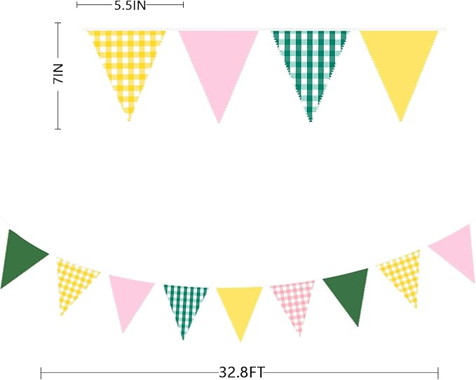 32Ft Camp Bride Party Decorations Pink Green Yellow Gingham Fabric Triangle Banner Flag Plaid Pennant Garland Streamers for Camping Bachelorette Glamping Baby Shower Picnic Birthday Decor Supplies
