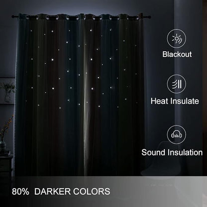 FANLI Ombre Rainbow Blackout Curtains for Kid Girls Bedroom Living Room Darking Stripe Double Layer Star Cut Out Wall Home Decor Gradient Grommet Window Curtains (Pink/Blue, 52W x 63L)