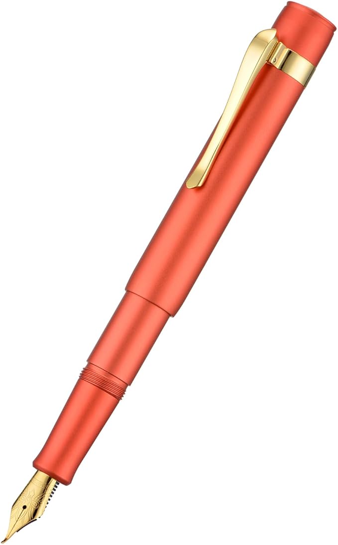 Hongdian M2 Mini Fountain Pen with Bent Nib, Sleek Shape Aluminium Short Pocket Travel Pen (Orange Red)