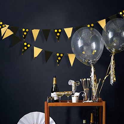 30Ft Black Gold Party Decorations Polka Dot Pennant Banner Paper Circle Dot Triangle Flags Bunting Garland for Wedding Bridal Shower Birthday Bachelorette Engagement Anniversary Holiday Party Supplies