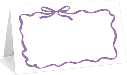 25 Pack Purple Bow Wave Place Cards, Editable Name Cards for Table Setting, Tent Cards Food Label for Dinner Party, Bridal Shower, Wedding, Baby Shower and Events -T16