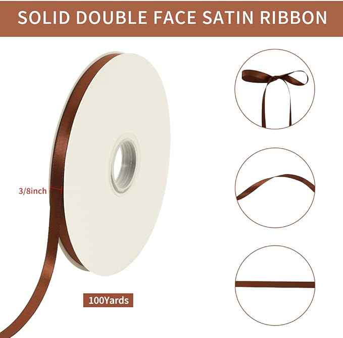 TONIFUL 3/8 Inch x 100yds Coffee Brown Color Satin Ribbon Thin Solid Fabric Ribbons Roll for Gift Wrapping Invitation Floral Hair Balloons Craft Party Wedding Decoration Valentine's Day Bouquet