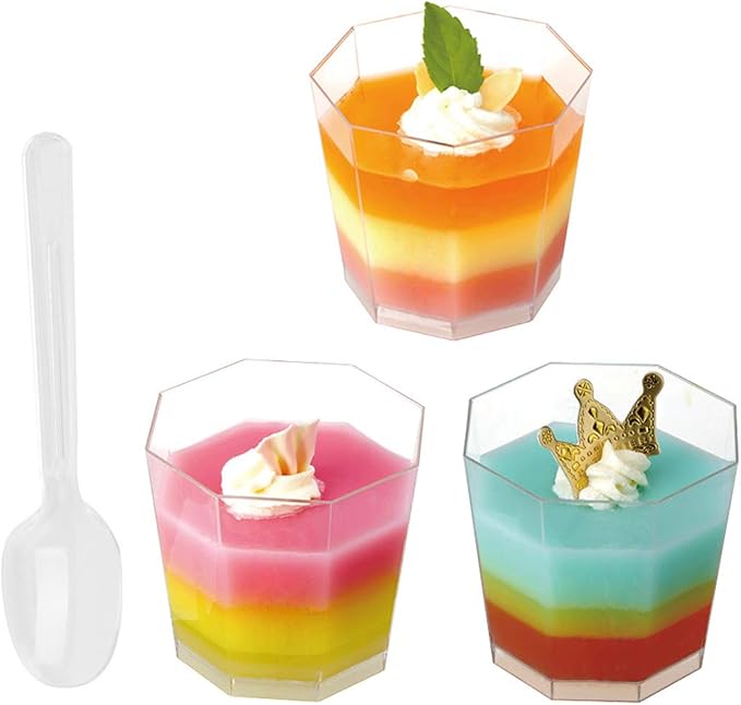Foraineam 100 Pack 5.4 oz. Clear Plastic Dessert Cups with 100 Spoons Disposable Reusable Appetizer Cups Serving Bowl for Parties, Weddings and More
