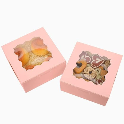 Bakepacker 100pcs Pink Bakery Boxes with Window 6x6x3 inches Thick & Sturdy Macaroon Pastry Boxes Cookie Boxes for Bakerys