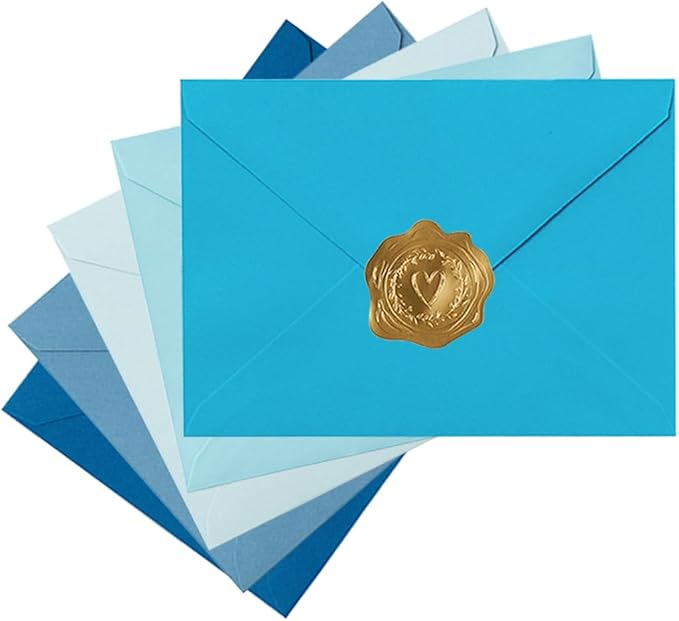 50 Pack Colored A7 Invitation Envelopes 5x7 with Gold Stickers for Cards and Invitations, 5 Colors (Blue, 5 1/4 x 7 1/4 inches)
