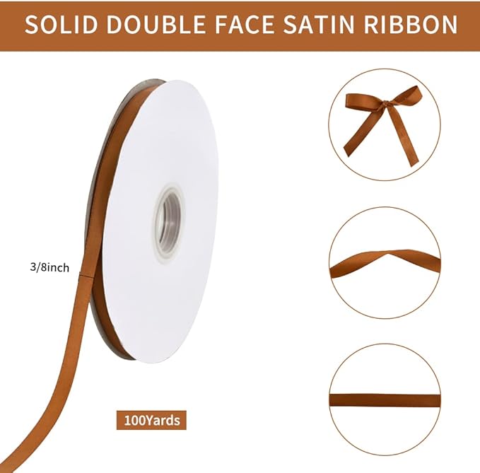 TONIFUL 3/8 Inch x 100yds Copper Brown Satin Ribbon Thin Solid Fabric Ribbons Roll for Gift Wrapping Invitation Floral Hair Balloons Craft Sewing Party Wedding Decoration Valentine's Day Bouquet