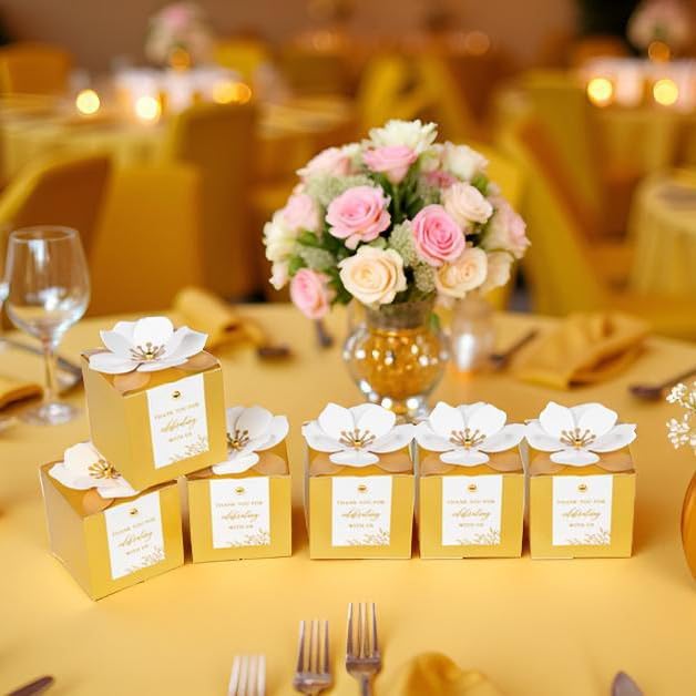 FEIYI 20 PCS Gold Gift Boxes, 3 In 1 Favor Boxes with Floral Decor, White Thank You Tags Cupcake Containers Gift wrapping for Wedding, Baby Shower, Birthday, Decorations Party - 3.55x3.55x3.55