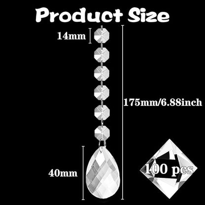 100 Pack Hanging Crystals - Clear Acrylic Prisms Pendant Ornaments for Christmas Tree, Centerpieces, Chandelier, Window & Home Decor, Ideal for Weddings, Parties Decorations (Teardrop)