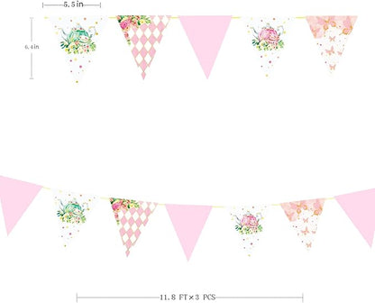 Spring Tea Party Decorations Pink and Gold Floral Flower Butterfly Teapot Teacup Plaid Paper Triangle Flag Pennant Banner Bunting for Spring Birthday Wedding Bridal Baby Shower Engagement Tea Party