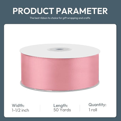 KMER LIFE 1-1/2" Wide x 50 Yards Pink Single Faced Polyester Satin Ribbon, Pink Satin Ribbon Perfect for Wedding Decor, Wreath, Crafts, Gift Wrapping & Other Projects (Pink)