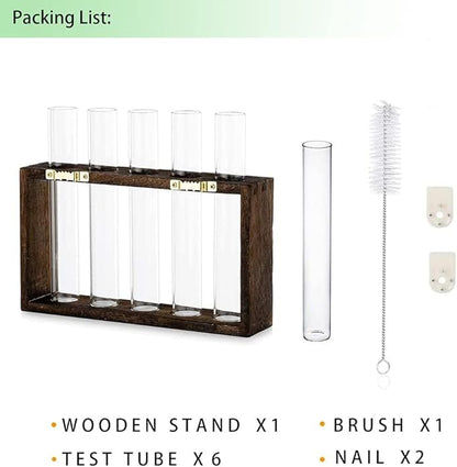 Ivolador Plant Propagation Station Terrariumin Wall Test Tube Vases Bud Tabletop Glass Wooden Stand with 5 Propagation Tubes for Propagating Hydroponic Plants Home Garden Wedding Decoration-Brown