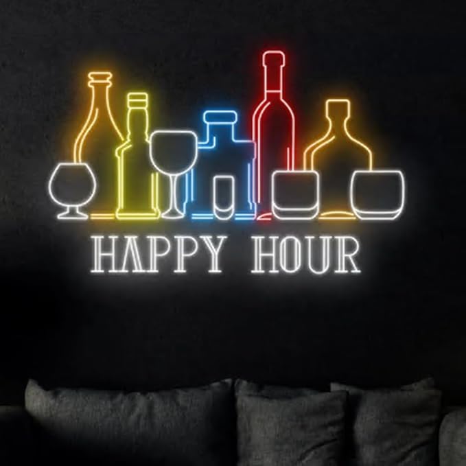 Happy Hour Wine Beer Neon Sign, Wine Bar Beer Pub Neon Sign, Custom Neon Sign, Alcohol Bar Open Night Light Decor, Drinking Lover Gifts Size:25inch