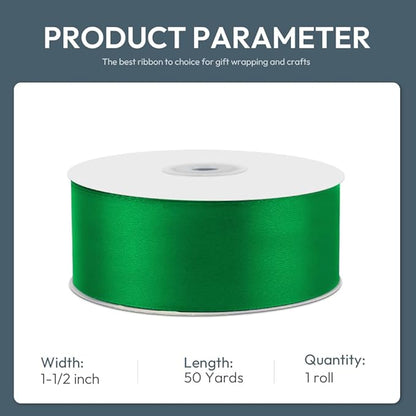 KMER LIFE 1-1/2" Wide x 50 Yards Green Single Faced Polyester Satin Ribbon for Wedding Decor, Wreath, Crafts, Gift Wrapping & Other Projects