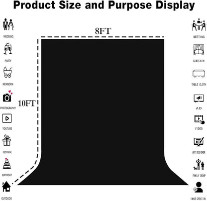 8x10FT Black Screen Backdrops Solid Photo Backdrops Photography Background for Meeting Wall, Party, Videos