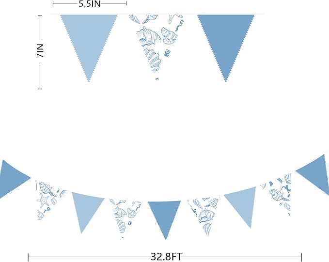 32Ft Ocean Coastal Nautical Beach Party Decorations Blue Bow Starfish Seashell Fabric Pennant Banner Triangle Flag Garland Streamer for Under The Sea Birthday Summer Baby Shower Bachelorette Supplies