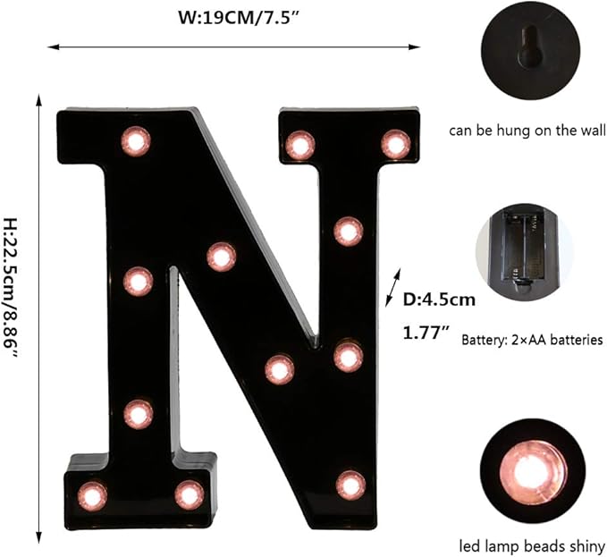 Light Up Black Alphabet Marquee Letters Sign LED Marquee Number Lights Sign for Night Light Home Bar Christmas Lamp Birthday Party Wedding Decoration N