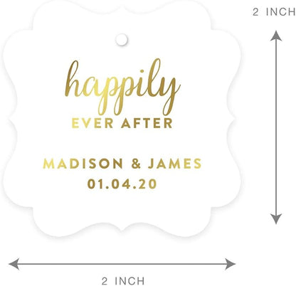 Andaz Press Personalized Fancy Frame Square Wedding Gift Tags, Metallic Gold Ink, Happily Ever After, 24-Pack, Custom Made Any Name